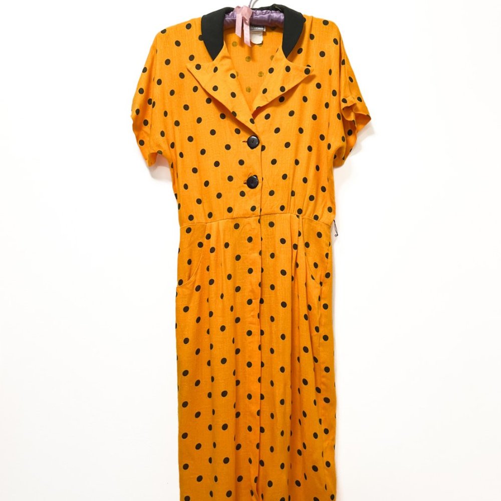 Vintage Yellow and Black Polka Dot, Notched Collar Dress with Pockets Smal